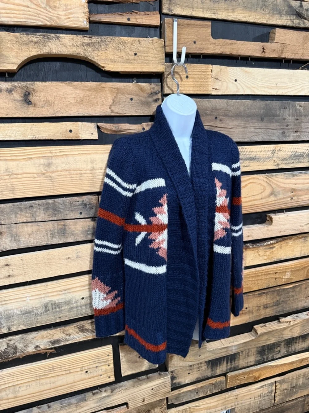 Charming Charlie Navy Southwestern Open Front Knit‎ Boho Cardigan Size Small
